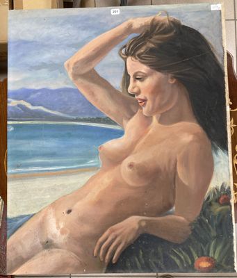 un tableau représentant une femme nue assise sur une table