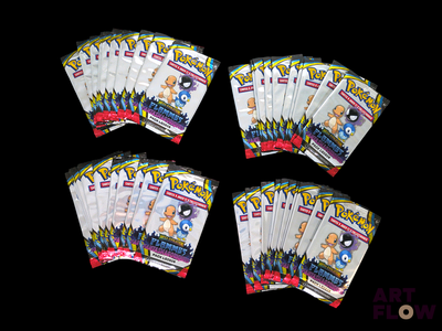 six packs of pokemon trading cards are shown on a black background