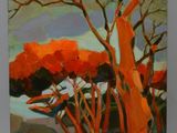 une peinture à l'huile représentant un arbre avec des feuilles orange en arrière-plan
