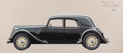 dessin représentant une voiture noire sur fond beige, avec une inscription
