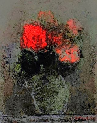 a painting of roses in a vase on a table
