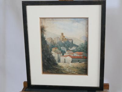 painting of a landscape with a castle on a hill in the background