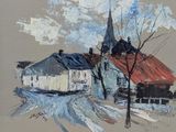 a painting of a church with a steeple on the top