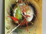 painting of a painting of a clock with a red bird on it ' s face