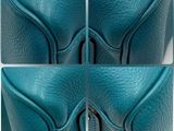 a close up of a blue purse with four different pictures of it