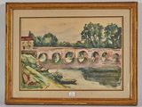 tableau représentant un pont au-dessus d'une rivière, avec un bateau au premier plan