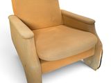 an image of a chair with a wooden frame and a tan upholstered seat