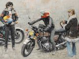 a painting of a group of bikers on a wall