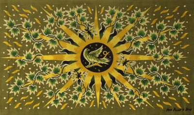 an image of a painting of a sunflower on a green background
