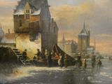 a painting of people on a boat in the water