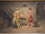 a painting of two men standing in front of a staircase