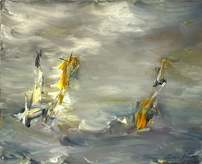 deux bateaux à l'eau, avec des voiles jaunes