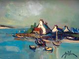 painting of a painting of boats in a harbor with a house in the background