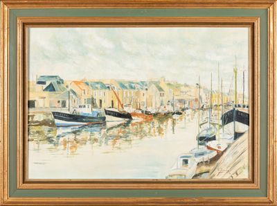 a painting of a harbor scene with boats in the water