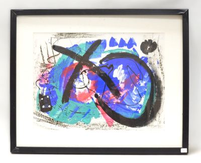 painting in a black frame on a white wall with a clock on it