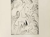 dessin au crayon représentant un garçon et une fille regardant un oiseau dans un arbre