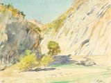 une aquarelle représentant une montagne avec un arbre