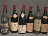several bottles of wine are lined up in a row on a table
