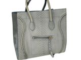grey leather handbag with zippers and handles on a white background