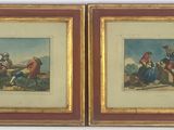 two framed paintings of a man and a woman riding horses