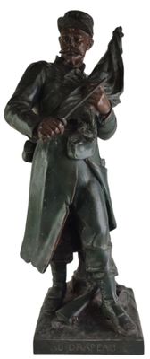 statue of a soldier holding a rifle and a flag on a white background
