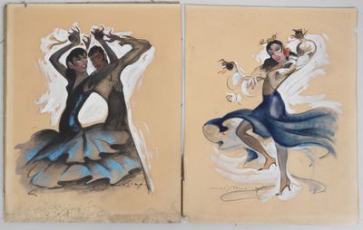 painting of a couple of women dancing in a blue dress