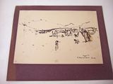 drawing of a man and a woman walking a dog on a beach
