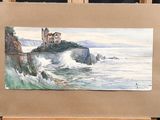 a painting of a castle on a cliff by the ocean
