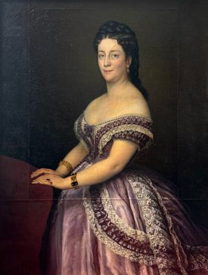 painting of a woman in a pink dress sitting on a red chair