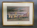 painting of a view of a city with a castle in the background