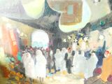 une peinture représentant un groupe de personnes debout dans une pièce