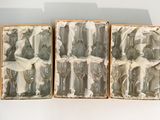 three boxes of glass figurines sitting on a table