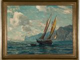 une peinture à l'huile représentant un voilier en mer, avec des montagnes en arrière-plan