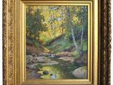 un tableau représentant un ruisseau dans une forêt, avec des arbres et des rochers