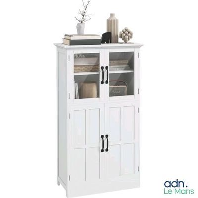 Le meuble est blanc et comporte deux portes et une étagère.