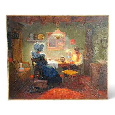 a painting of a woman sitting at a table in a room