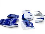 the blue and white kit is ready to be used on the motorcycle