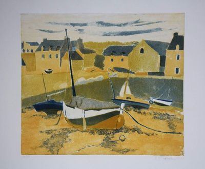 a picture of a painting of boats on the beach