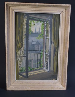 an oil painting of a window with a view of a house