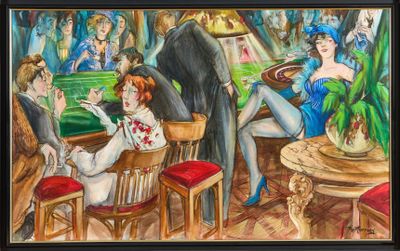 a painting of people playing cards in a casino