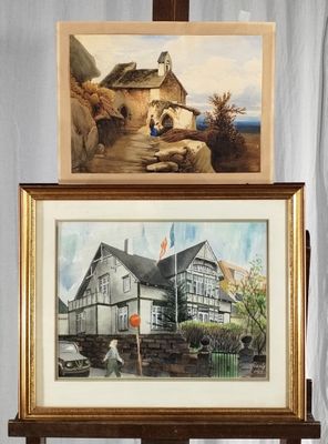 une peinture représentant une maison et une autre représentant un chien devant une maison