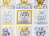 several drawings of people with faces drawn on them in different colors