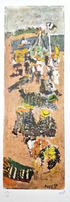 a picture of a painting of people on the beach