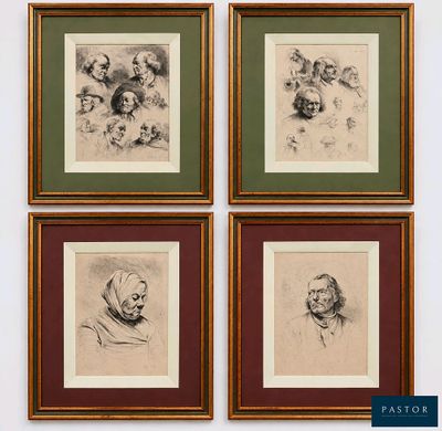 four framed drawings of a man and a woman in different poses