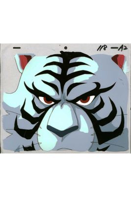 cartoon of a white tiger with black stripes and red eyes