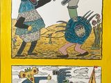 deux photos d'un tableau représentant un homme et une femme jouant avec un chien