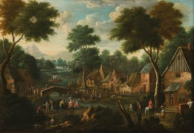 tableau représentant une scène de village avec une rivière et un pont