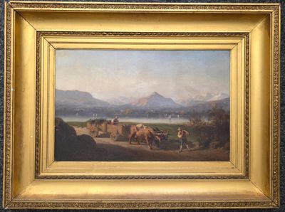 tableau représentant un paysage avec du bétail et un homme sur une charrette