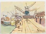 a painting of a boat in the water near a dock