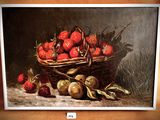 a painting of strawberries and peaches in a basket